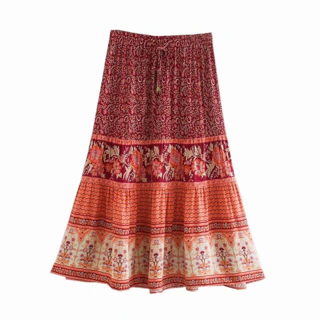 Red and Beige Paisley Floral Print Skirt
